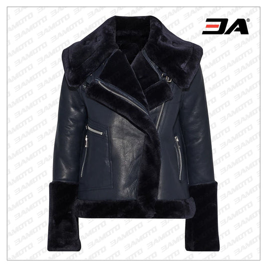 navy blue lambskin leather and faux fur coat - Fashion Leather Jackets USA - 3AMOTO