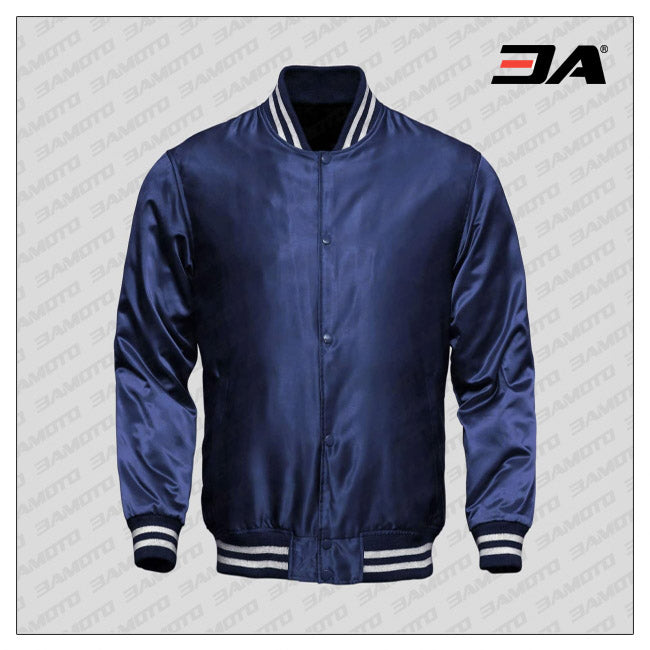 Navy Blue Satin Baseball Letterman Jacket