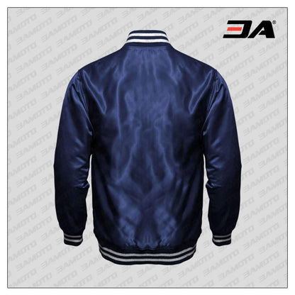 Navy Blue Satin Baseball Varsity Jacket