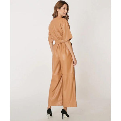 New Women's Brown Leather Jumpsuit