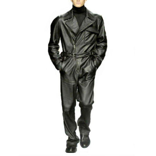 Notch Collar Style Rider Men Leather Jumpsuit - Fashion Leather Jackets USA - 3AMOTO