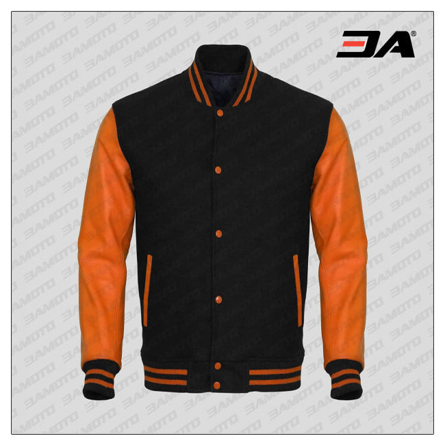 Orange Faux Leather Sleeves Black Wool Varsity Jacket