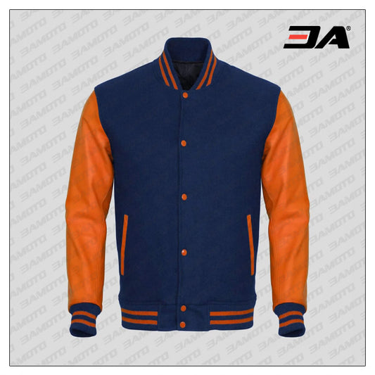 Orange Faux Leather Sleeves Navy Blue Wool Varsity Jacket - Fashion Leather Jackets USA - 3AMOTO