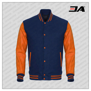 Orange Faux Leather Sleeves Navy Blue Wool Varsity Jacket
