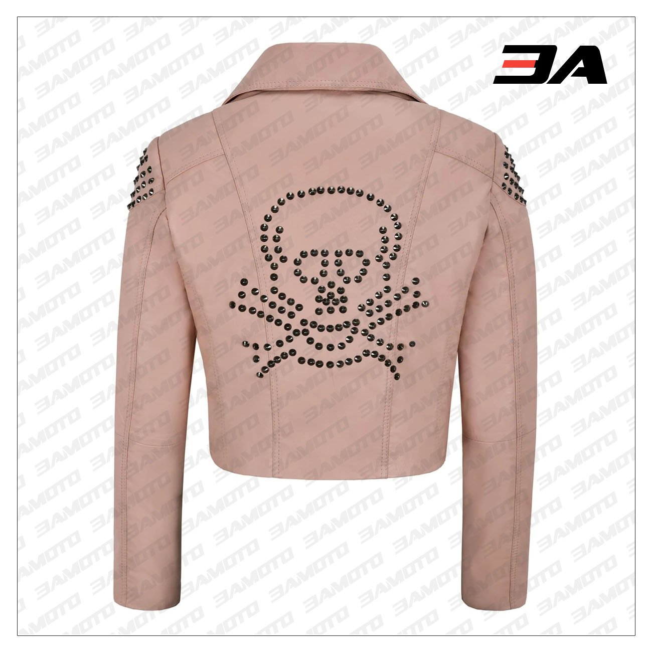 Pink Back Skull Studded Biker Leather Jacket - 3A MOTO LEATHER