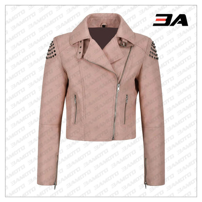 Pink Back Skull Studded Biker Leather Jacket - 3A MOTO LEATHER