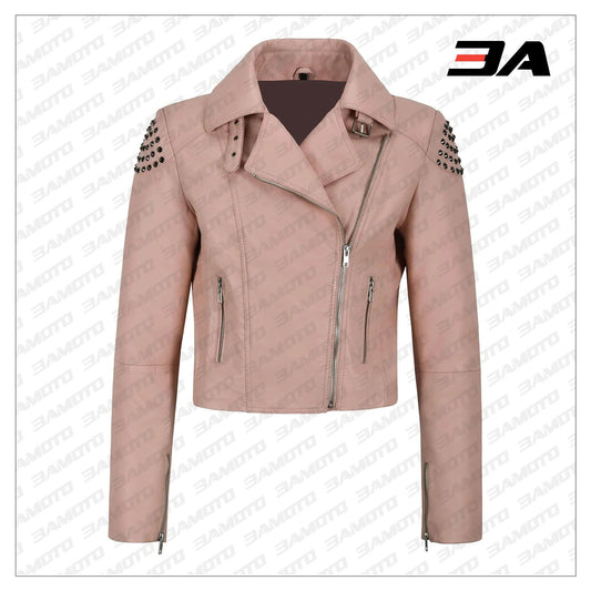 Pink Back Skull Studded Biker Leather Jacket - 3A MOTO LEATHER - Fashion Leather Jackets USA - 3AMOTO