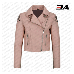 Pink Back Skull Studded Biker Leather Jacket - 3A MOTO LEATHER