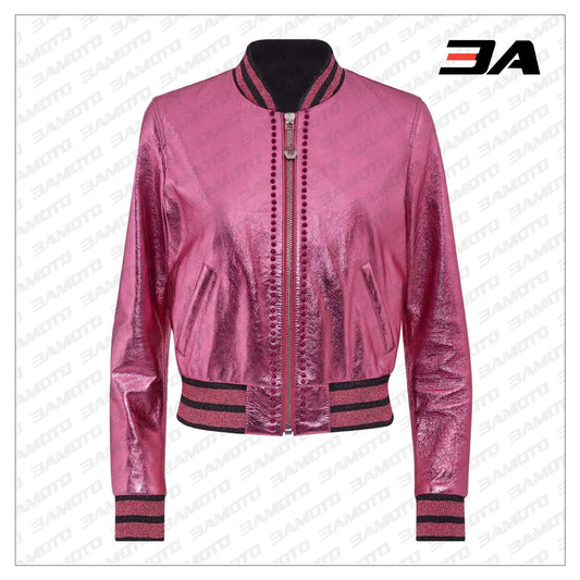Pink Metallic Bomber Studded Biker Jacket - 3A MOTO LEATHER - Fashion Leather Jackets USA - 3AMOTO