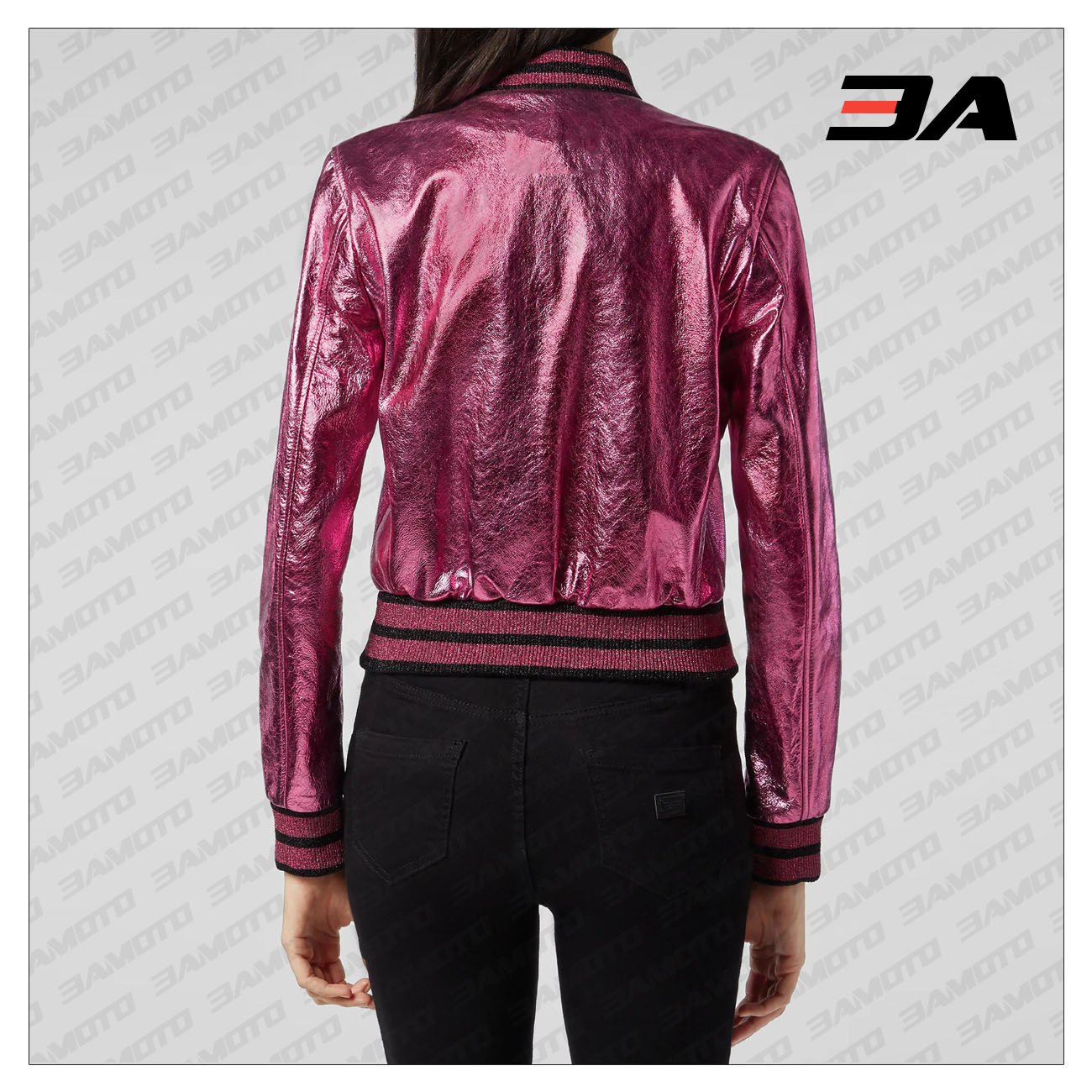 Pink Metallic Bomber Studded Biker Jacket