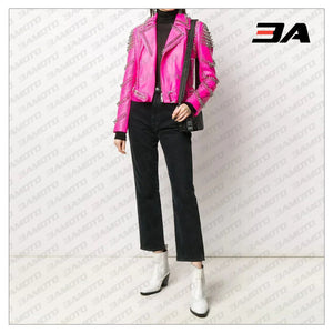 Pink Lambskin Leather Studded Biker Jacket - 3A MOTO LEATHER