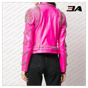Pink Lambskin Leather Studded Biker Jacket - 3A MOTO LEATHER