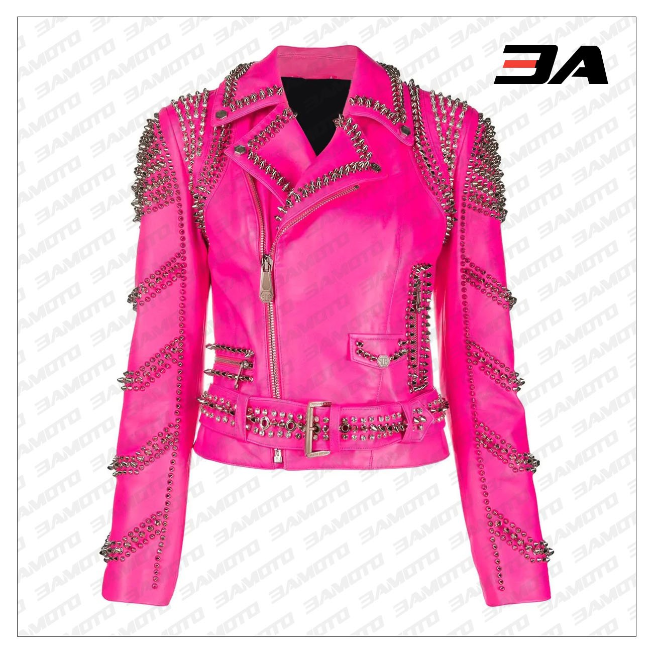 Pink Lambskin Leather Studded Biker Jacket