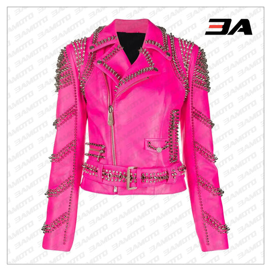 Pink Lambskin Leather Studded Biker Jacket - 3A MOTO LEATHER - Fashion Leather Jackets USA - 3AMOTO