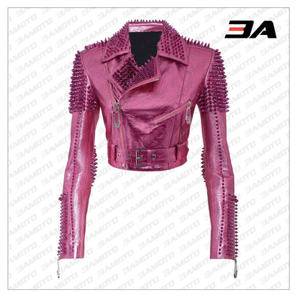 Pink Metallic Studded Biker Jacket - 3A MOTO LEATHER