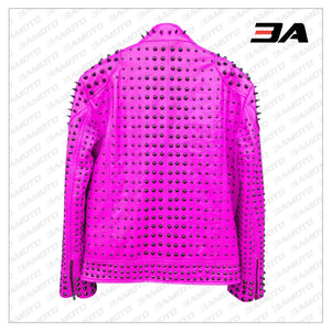 Pink Vintage Studded Punk Leather Biker Jacket - 3A MOTO LEATHER