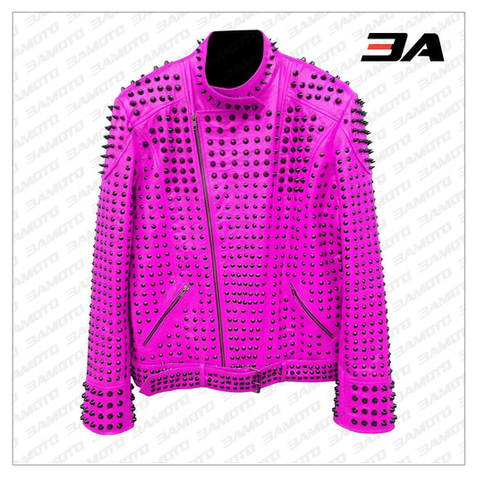 Pink Vintage Studded Punk Leather Biker Jacket - 3A MOTO LEATHER - Fashion Leather Jackets USA - 3AMOTO