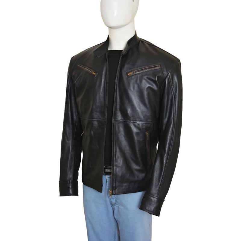 Mens Simple Black Leather Jacket  Fashionable Leather Jacket in Black