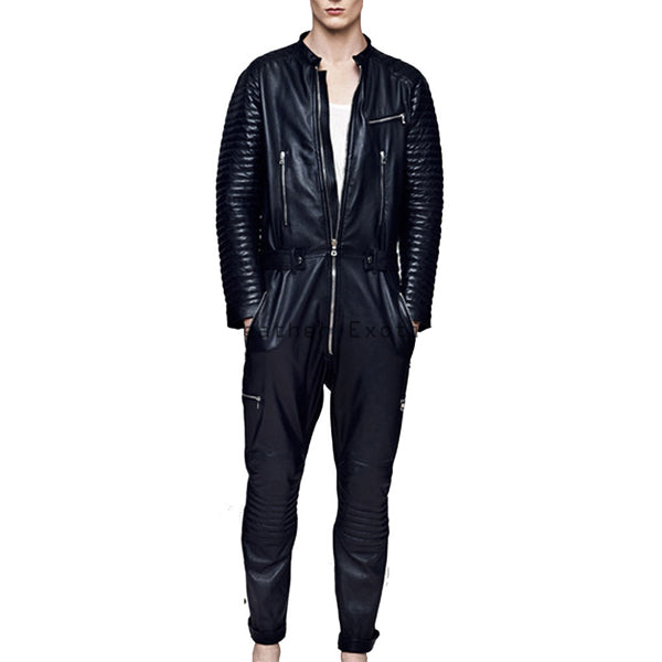 Pleated Sleeves Men Leather Trendy Jumpsuit