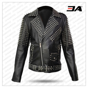 Men Real Black Leather Jacket Spike Studded Rock Star Punk Style Cropped Leather Jacket