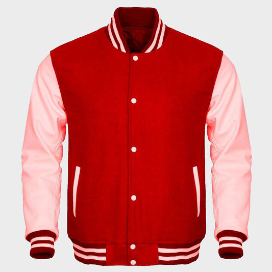 Red And Pink Varsity Jacket For Womens - Fashion Leather Jackets USA - 3AMOTO