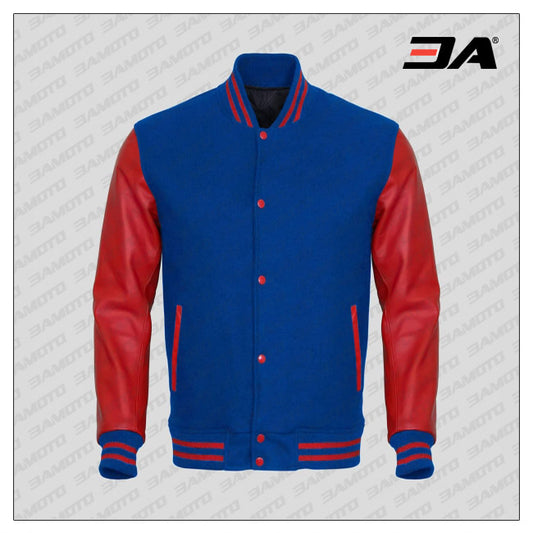 Red Faux Leather Sleeves Blue Wool Varsity Jacket - Fashion Leather Jackets USA - 3AMOTO