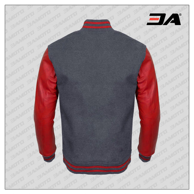 Red Faux Leather Sleeves Gray Wool Letterman Jacket