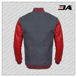 Red Faux Leather Sleeves Gray Wool Letterman Jacket