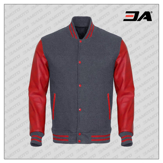 Red Faux Leather Sleeves Gray Wool Varsity Jacket - Fashion Leather Jackets USA - 3AMOTO