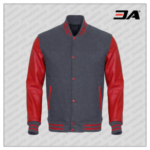 Red Faux Leather Sleeves Gray Wool Varsity Jacket