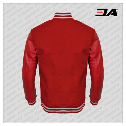 red faux leather sleeves red wool letterman jacket