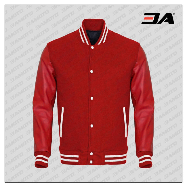 Red Faux Leather Sleeves Red Wool Varsity Jacket