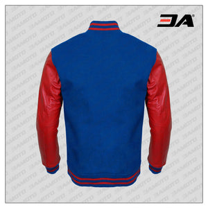 Red Faux Leather Sleeves Blue Wool Letterman Jacket