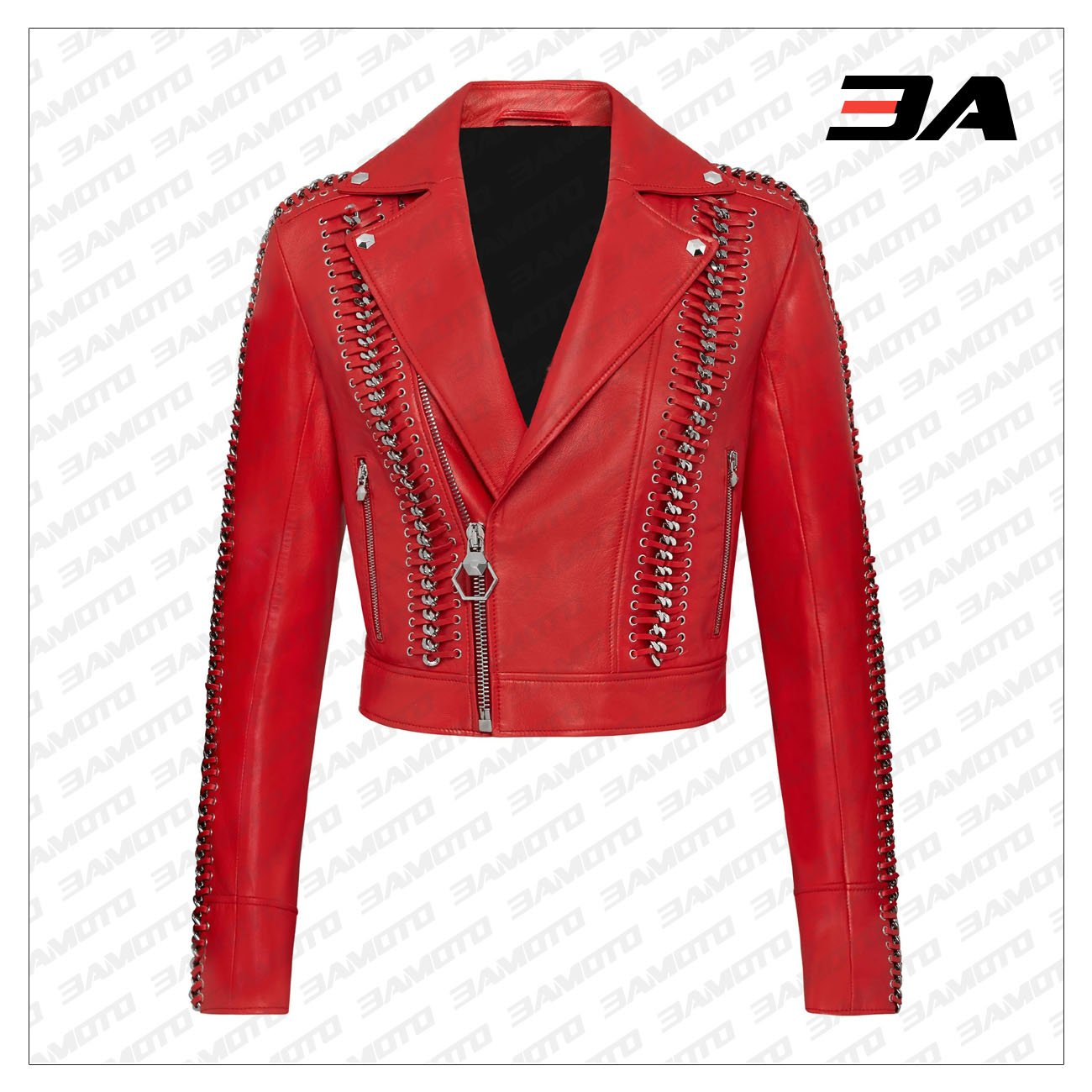 Red Perfecto Crystal Work Biker Jacket - 3A MOTO LEATHER