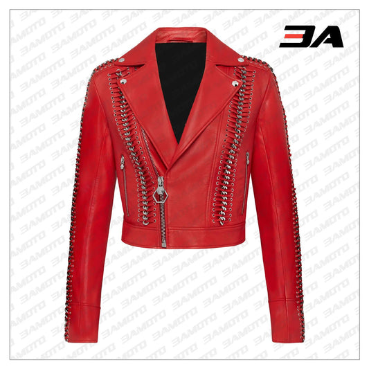 Red Perfecto Crystal Work Biker Jacket - 3A MOTO LEATHER - 3amoto shop