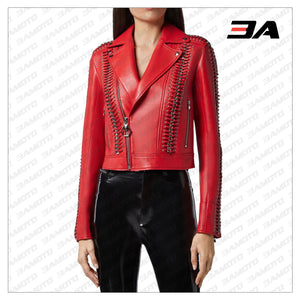Red Perfecto Crystal Work Biker Jacket - 3A MOTO LEATHER