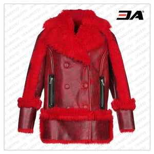 red shearling fur leather coat