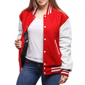 red varsity jacket with white leather sleeves