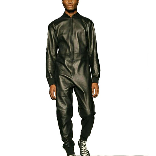 Ribbed Biker Men Leather Jumpsuit - Fashion Leather Jackets USA - 3AMOTO