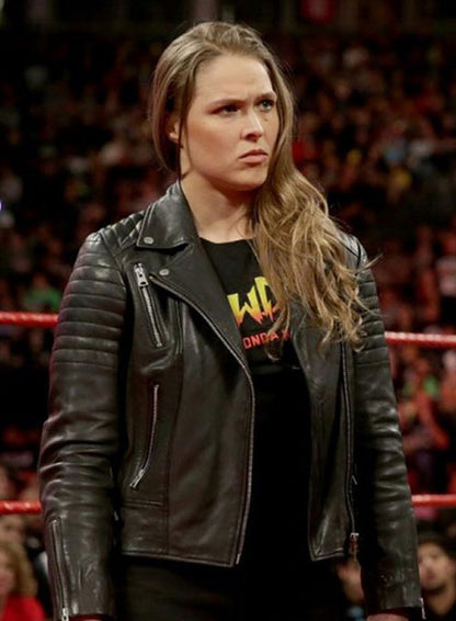 Ronda Rousey wearing a stylish black leather jacket - available at 3amoto