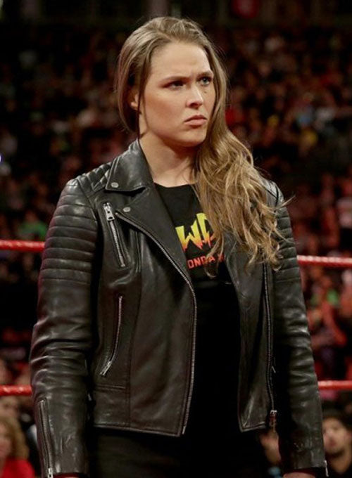 Ronda Rousey wearing a stylish black leather jacket - available at 3amoto - Fashion Leather Jackets USA - 3AMOTO