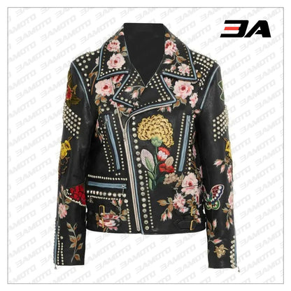 Rose Handpainted Silver Studded Biker Jacket - 3A MOTO LEATHER