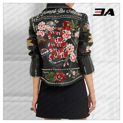 Rose Handpainted Silver Studded Biker Jacket - 3A MOTO LEATHER