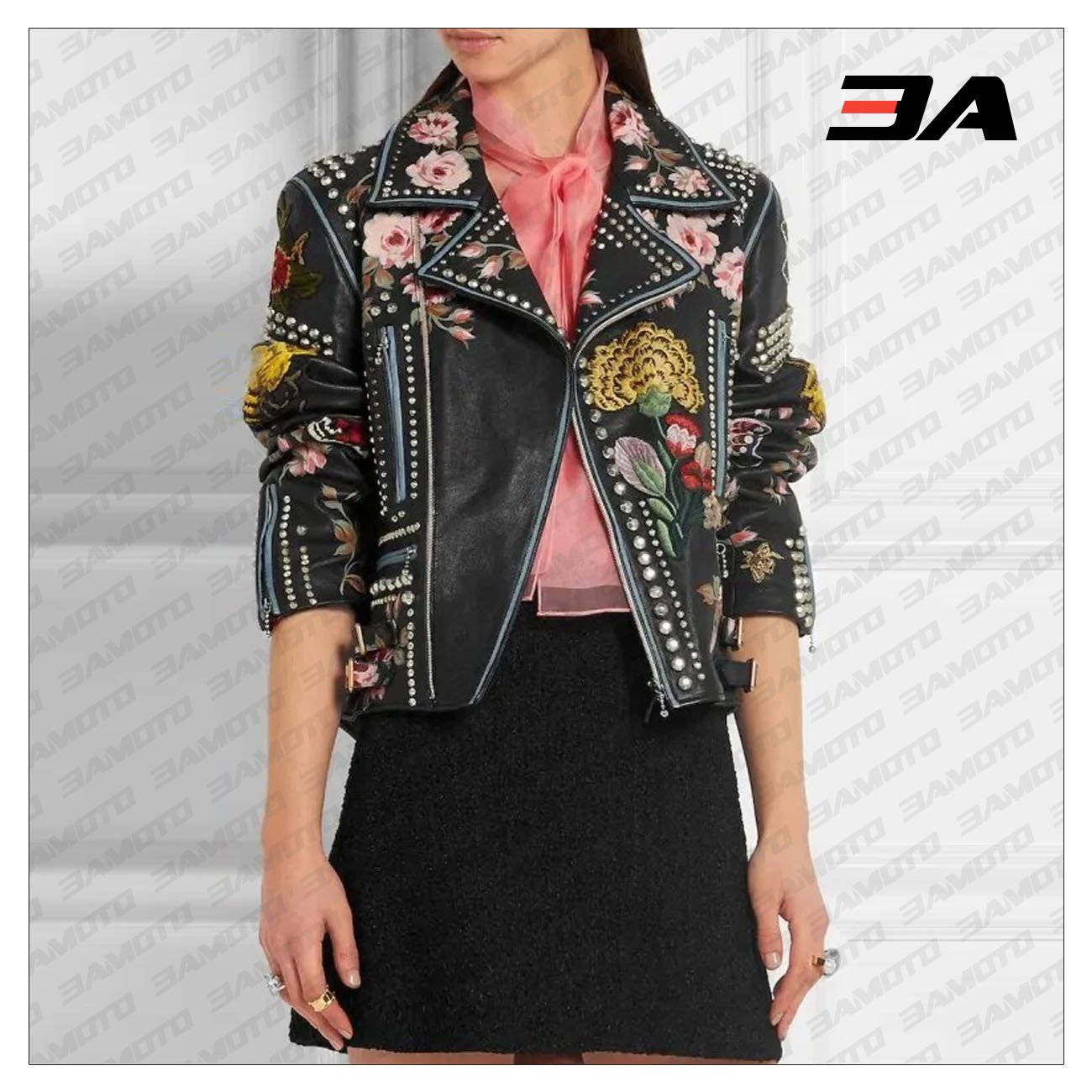 Rose Handpainted Silver Studded Biker Jacket - 3A MOTO LEATHER