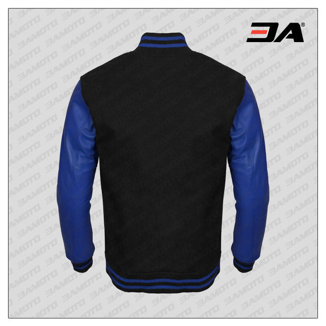 Blue Leather Sleeves Black Wool Latterman Jacket