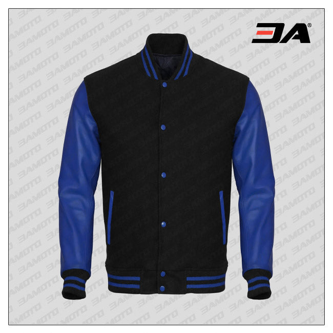 Blue Leather Sleeves Black Wool Varsity Jacket