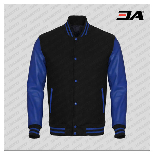 Blue Leather Sleeves Black Wool Varsity Jacket - Fashion Leather Jackets USA - 3AMOTO