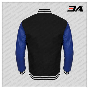 Blue Faux Leather Sleeves Black Wool Letterman Jacket