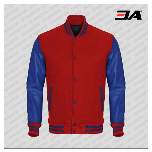 Blue Faux Leather Sleeves Red Wool Varsity Jacket - Fashion Leather Jackets USA - 3AMOTO