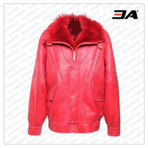 Shearling Fur Collar Biker Leather Red Jacket